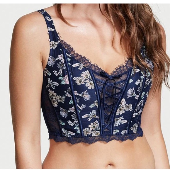 Victoria's Secret Other - VS dream angel unlined lace up Corset bra top  small navy floral